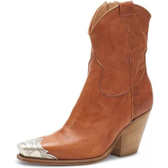 Women's Tan Western Cowgirl Ankle Boots Stacked Block Heel Steel Toe Heeled - Picture 3 of 7